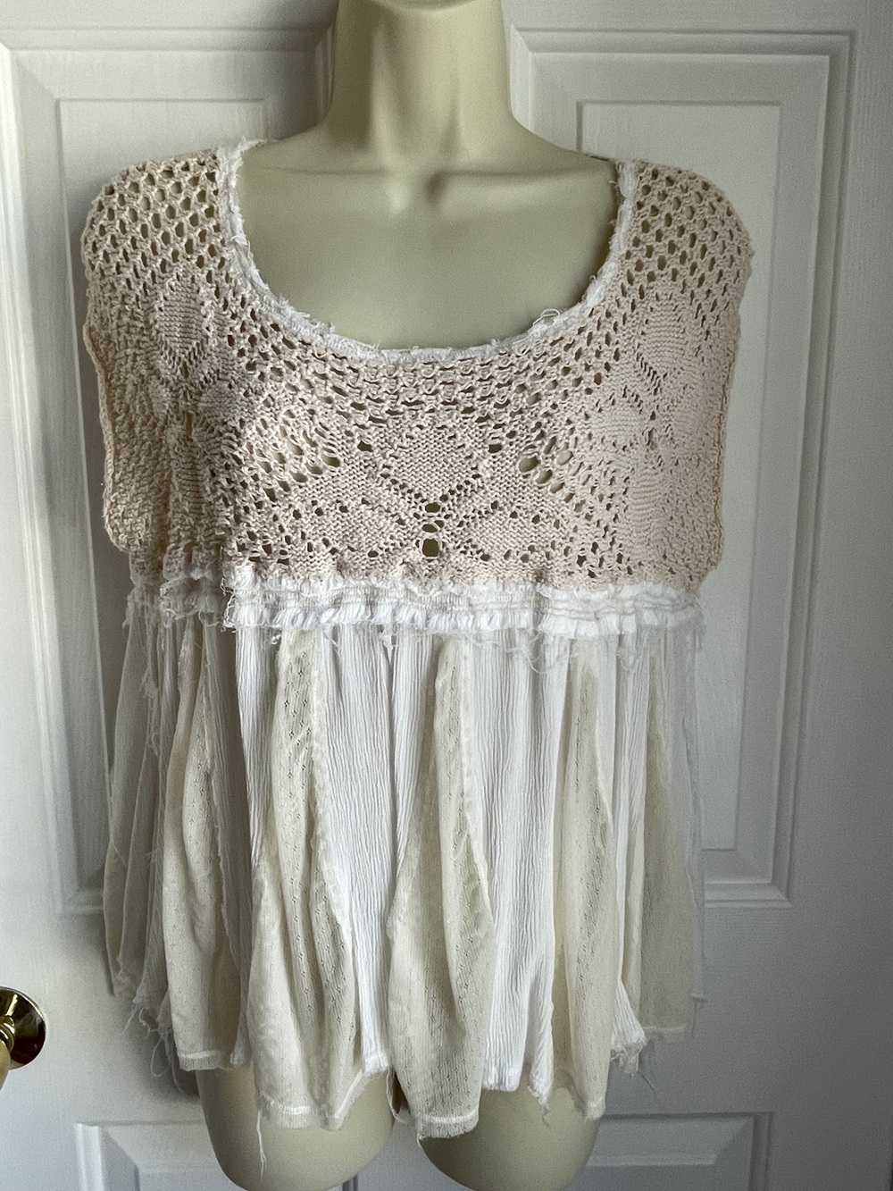 Free People Top Blouse size M White Cream Lace Inserts Crochet Rugged Seams